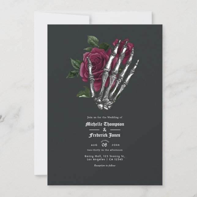 Burgundy Floral Gothic Wedding QR Code Invitation (Front)