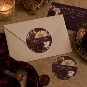 Burgundy Floral Gothic Wedding Round Sticker