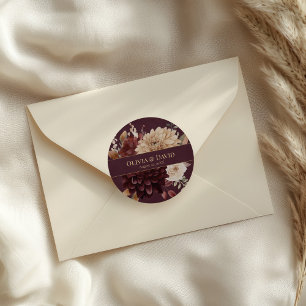 Burgundy Floral Gothic Wedding Round Sticker