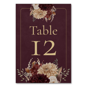 Burgundy Floral Gothic Wedding Table Number