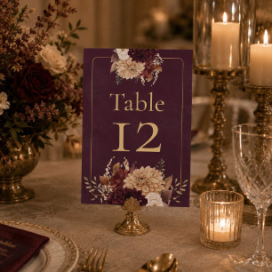Burgundy Floral Gothic Wedding Table Number