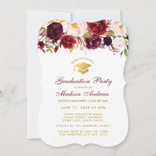 Burgundy Floral Graduation Party Gold Invite B