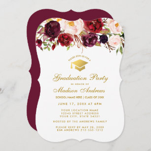 Burgundy Floral Graduation Party Gold Invite BG