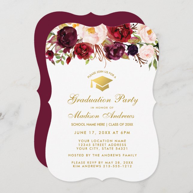 Burgundy Floral Graduation Party Gold Invite BG (Front/Back)