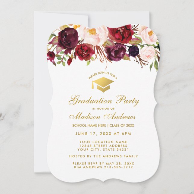 Burgundy Floral Graduation Party Gold Invite BW (Front)