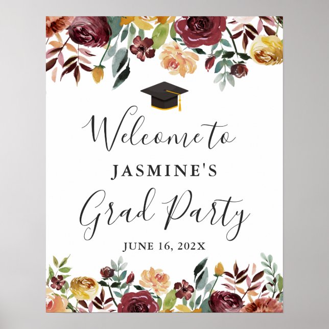 Burgundy Floral Graduation Welcome Sign (Front)