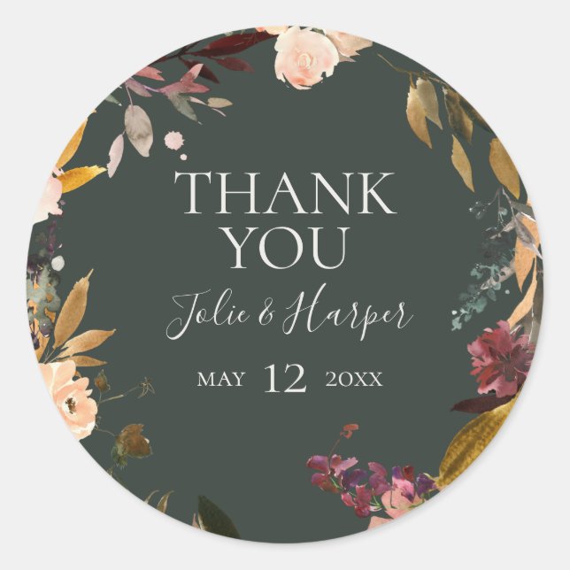 Burgundy Floral | Green Thank You Wedding Favour Classic Round Sticker (Front)