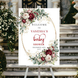Burgundy Floral Greenery Baby Shower Welcome Sign