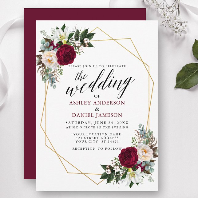 Burgundy Floral Greenery Calligraphy Gold Wedding Invitation (Customize to change text color, style, add text & photos to back or change color of back of card.)
