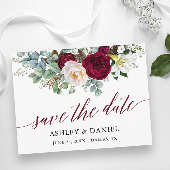 Burgundy Floral Greenery Calligraphy Save The Date Postcard (Customize to change your personalized text size or text style.)