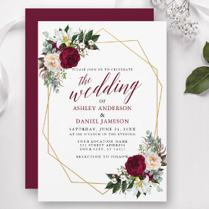 Burgundy Floral Greenery Calligraphy Wedding Gold Invitation