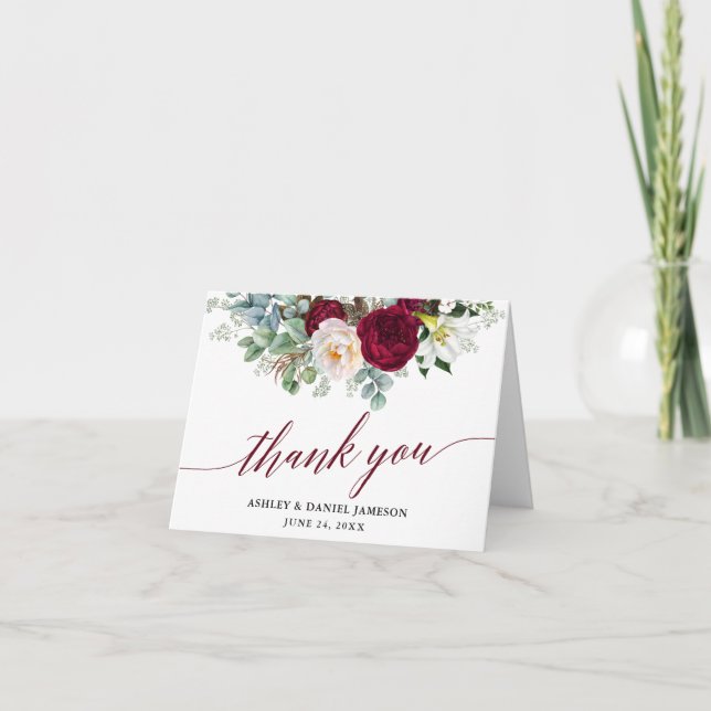 Burgundy Floral Greenery Calligraphy Wedding Note Thank You Card (Front)