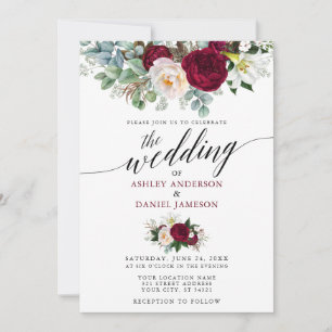 Burgundy Floral Greenery Calligraphy Wedding W Invitation