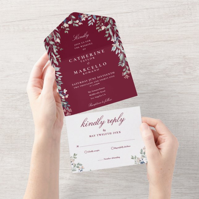 Burgundy Floral Greenery Cascade Wedding All In One Invitation (Tearaway)