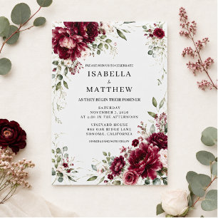 Burgundy Floral Greenery Elegant Wedding Invitation