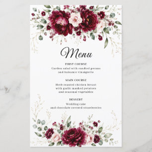 Burgundy Floral Greenery Elegant Wedding Menu
