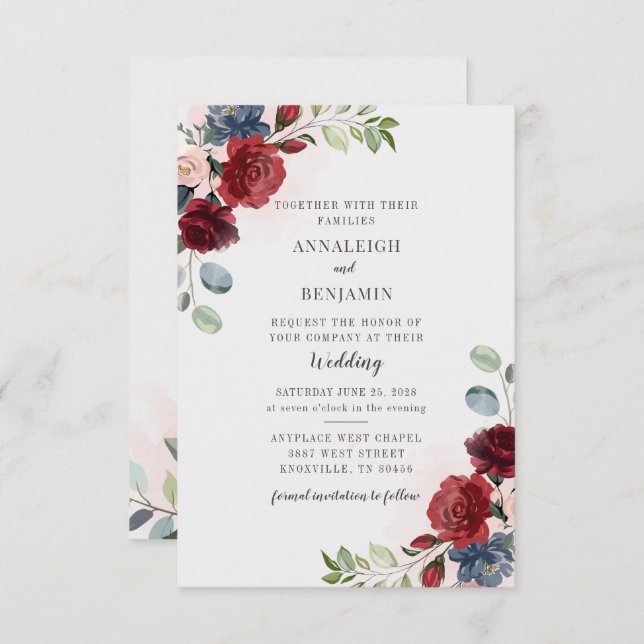 Burgundy Floral Greenery Foliage Blush Wedding Invitation (Front/Back)