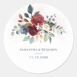 Burgundy Floral Greenery Foliage Wedding Couple Classic Round Sticker