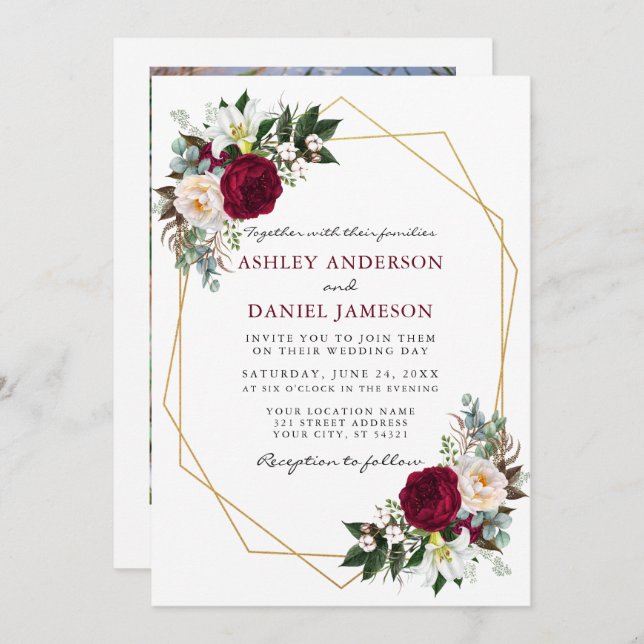 Burgundy Floral Greenery Gold Frame Photo Wedding Invitation (Front/Back)