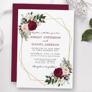Burgundy Floral Greenery Gold Frame Wedding B Invitation