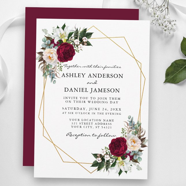 Burgundy Floral Greenery Gold Frame Wedding Invitation (Creator Uploaded)