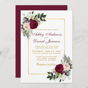 Burgundy Floral Greenery Gold Framed Wedding Invitation