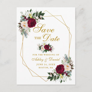 Burgundy Floral Greenery Gold Save The Date Announcement Postcard
