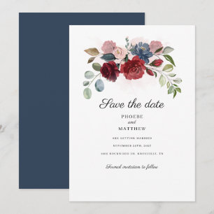Burgundy Floral Greenery Navy Save The Date