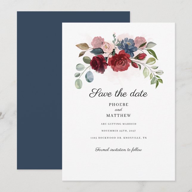 Burgundy Floral Greenery Navy Save The Date (Front/Back)
