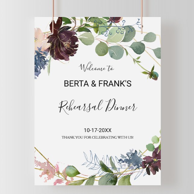 Burgundy Floral Greenery Rehearsal dinner Welcome Poster (Creator Uploaded)
