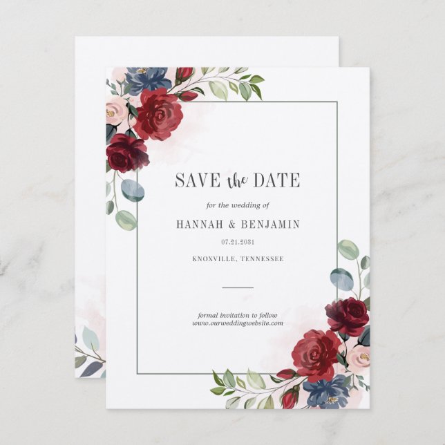 Burgundy Floral Greenery Save the Date (Front/Back)