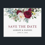Burgundy Floral Greenery Save The Date Postcard<br><div class="desc">Elegant Watercolor Burgundy Marsala Floral Greenery Engagement Announcement Wedding Save The Date Postcard includes peonies,  eucalyptus leaves and other beautiful greenery.</div>