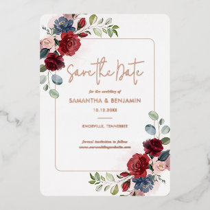 Burgundy Floral Greenery Save the Date Rose Gold
