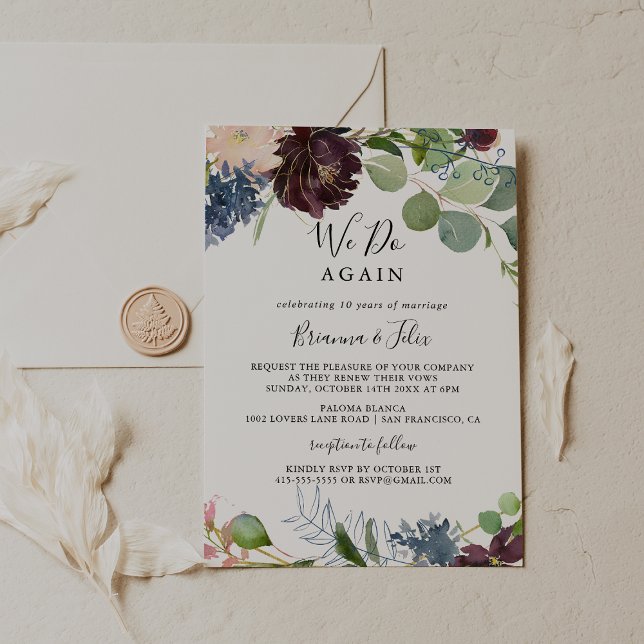 Burgundy Floral Greenery We Do Again Vow Renewal Invitation (Creator Uploaded)