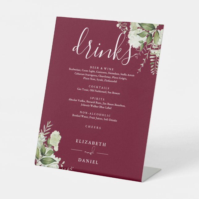 Burgundy Floral Greenery Wedding Drinks Menu Pedestal Sign (Front)
