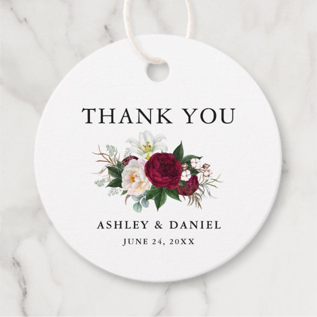 Burgundy Floral Greenery Wedding Favour Tags (Front)