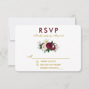 Burgundy Floral Greenery Wedding Gold RSVP Card