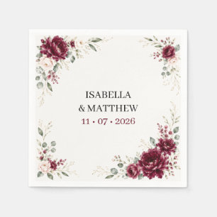 Burgundy Floral Greenery Wedding Paper Napkin
