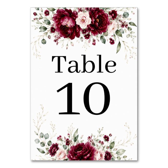 Burgundy Floral Greenery Wedding Table Number (Front)