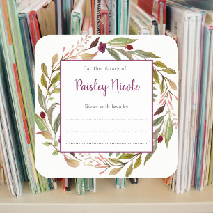 Burgundy Floral Greenery Wreath bookplate Square Sticker