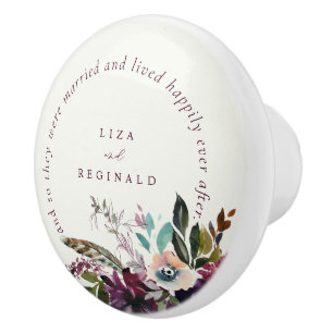 Burgundy Floral Happily Ever After Quote Ivory Ceramic Knob