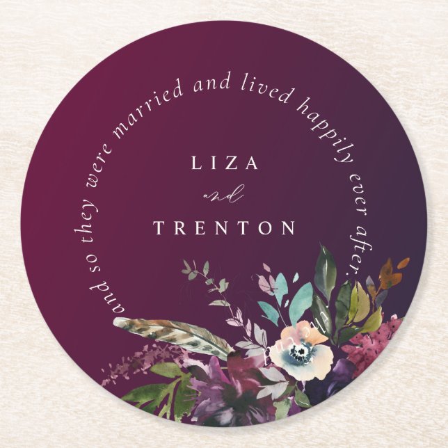 Burgundy Floral Happily Ever After Quote Wedding Round Paper Coaster (Front)