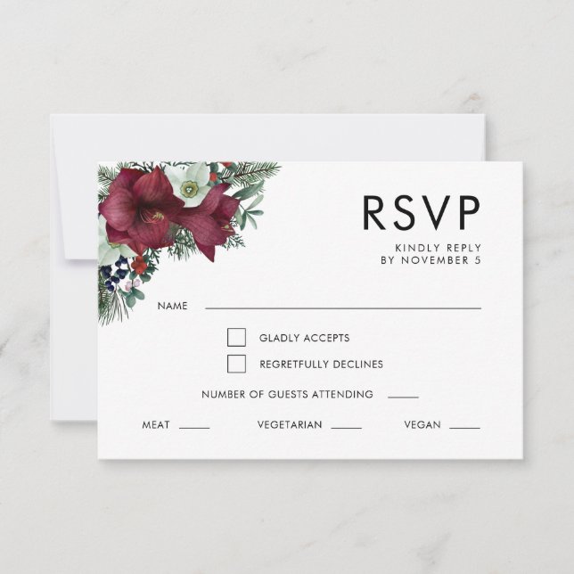 Burgundy Floral Holiday Greenery Winter Wedding RSVP Card (Front)