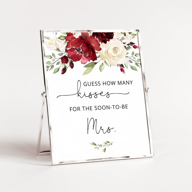 Burgundy floral how many kisses bridal shower game poster (Creator Uploaded)