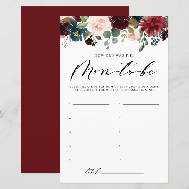 Burgundy Floral How Old Was The Mum Shower Game (Front/Back)
