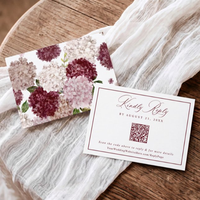 Burgundy Floral Hydrangea Fall Wedding QR Code RSVP Card (Burgundy hydrangea wedding QR code RSVP card with vintage florals and elegant script)