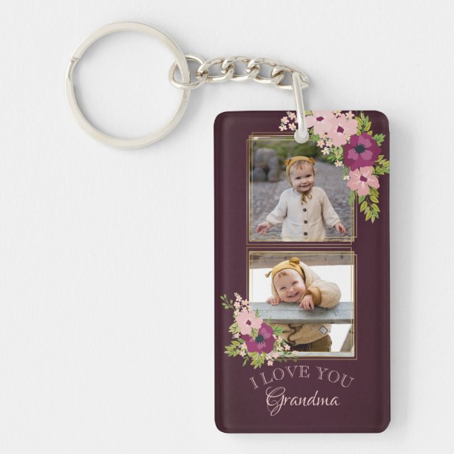 Burgundy Floral I Love You Grandma Photo Collage Key Ring (Front)