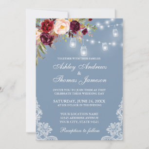 Burgundy Floral Jar Lights Lace Dusty Blue Wedding Invitation