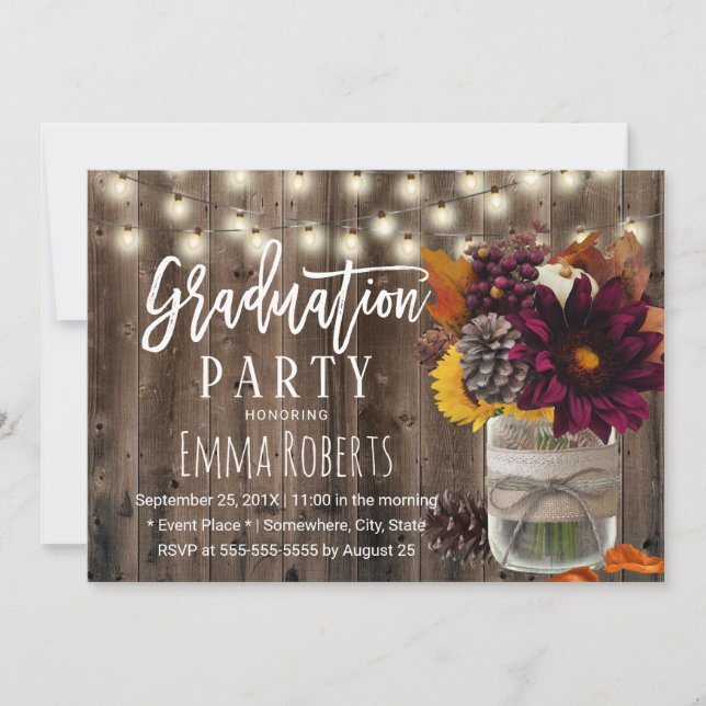 Burgundy Floral Jar Rustic Barn Wood Graduation Invitation (Front)
