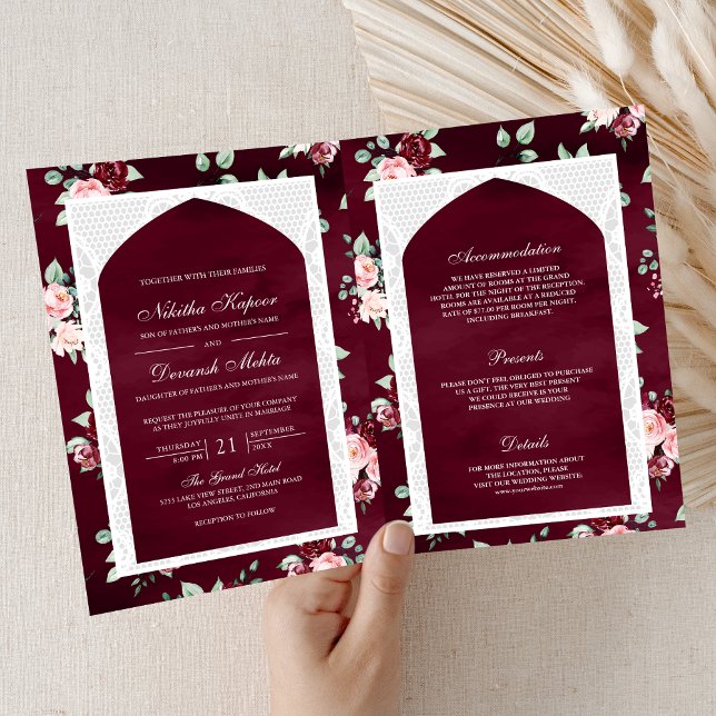 Burgundy Floral Lace All in One Indian Wedding Invitation (Creator Uploaded)